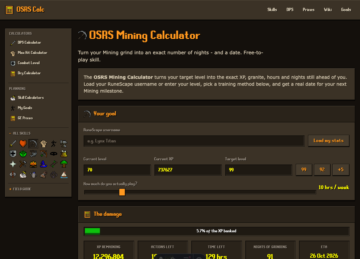 OSRS Mining calculator showing XP and training method inputs