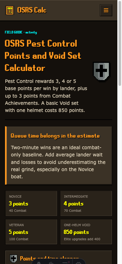 OSRS Pest Control calculator showing Void points, games and time on mobile